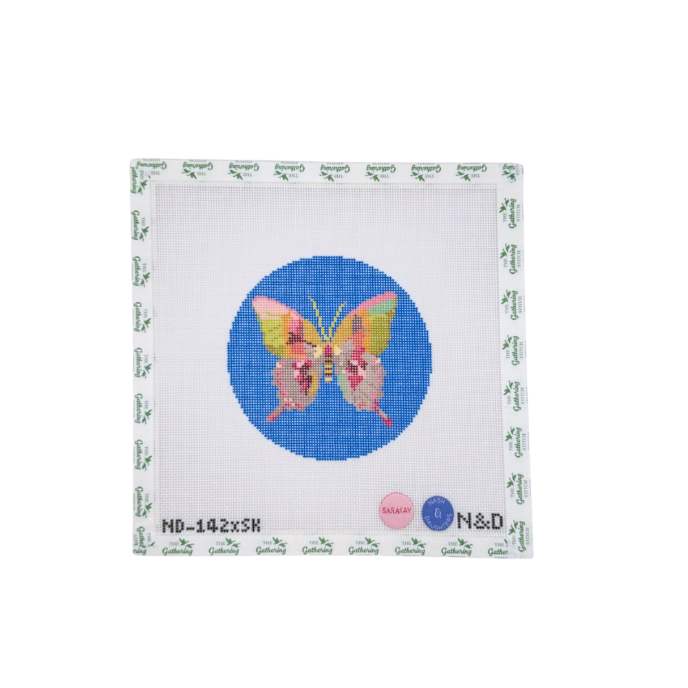 Gold and Green Butterfly on Blue