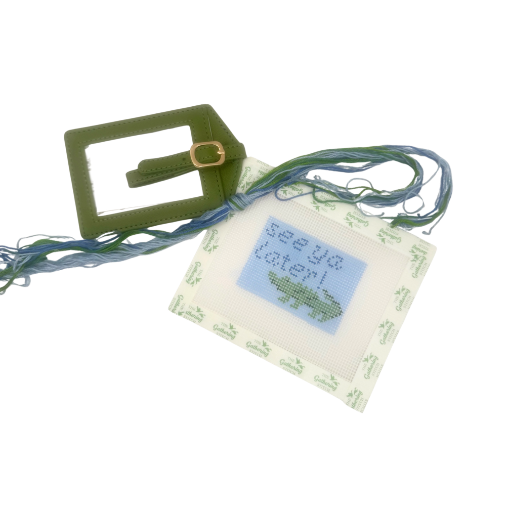 See Ya Later Gator canvas, green luggage tag, threads